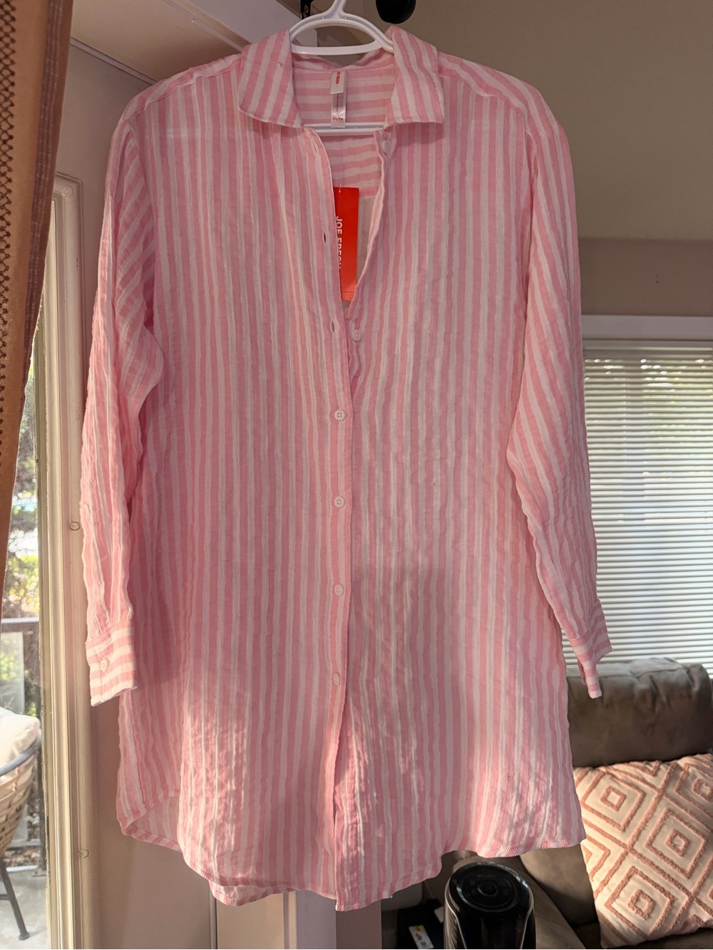 Joe Fresh Pink and White Striped Button-Up Swim Coverup